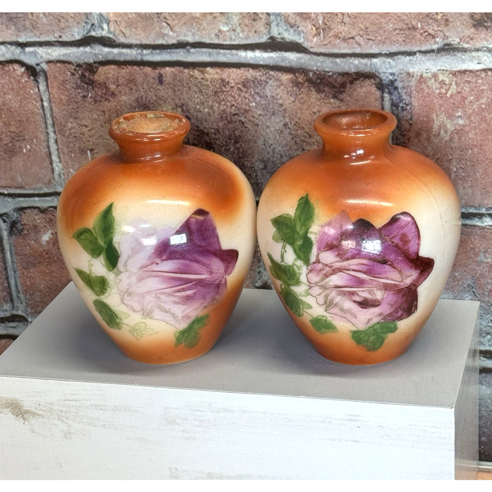 Set of 2 Antique 1900-1920's Fostoria Milk Glass Bulbous Vases Hand-Painted Rose